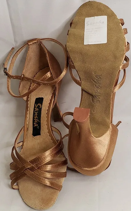 3" Leanne -- Flare Heel Latin Sandal -- Gold Satin