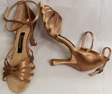 3" Leanne -- Flare Heel Latin Sandal -- Gold Satin