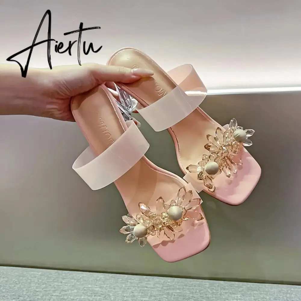 Aiertu New Summer Transparent Slippers Women Fashion Open Toe Crystal Wedges High Heels Female Slides Flower Sandals for Womens