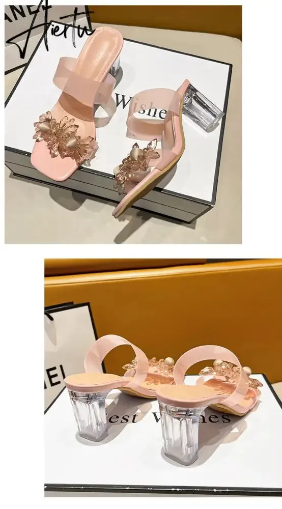 Aiertu New Summer Transparent Slippers Women Fashion Open Toe Crystal Wedges High Heels Female Slides Flower Sandals for Womens