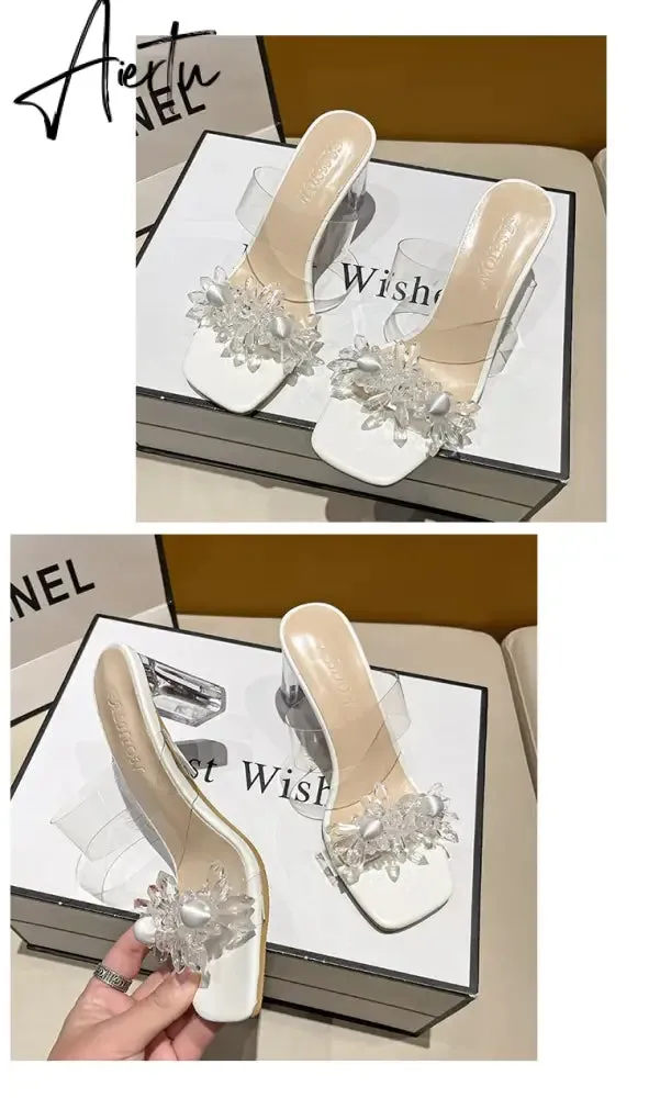 Aiertu New Summer Transparent Slippers Women Fashion Open Toe Crystal Wedges High Heels Female Slides Flower Sandals for Womens