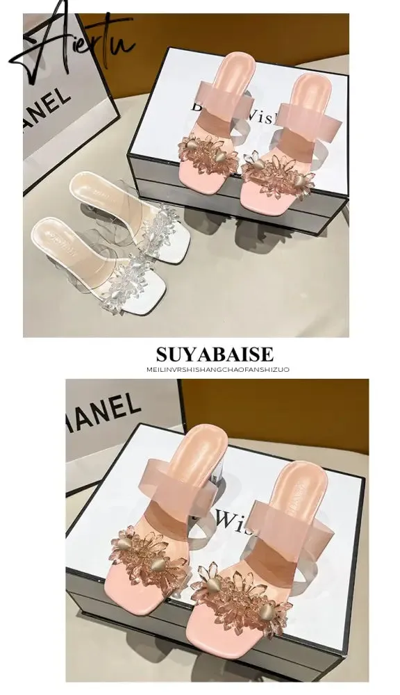 Aiertu New Summer Transparent Slippers Women Fashion Open Toe Crystal Wedges High Heels Female Slides Flower Sandals for Womens