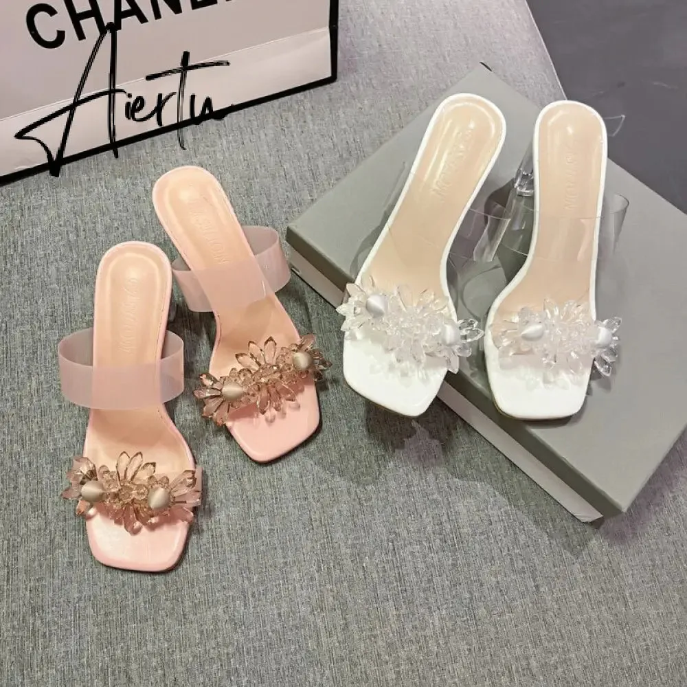 Aiertu New Summer Transparent Slippers Women Fashion Open Toe Crystal Wedges High Heels Female Slides Flower Sandals for Womens