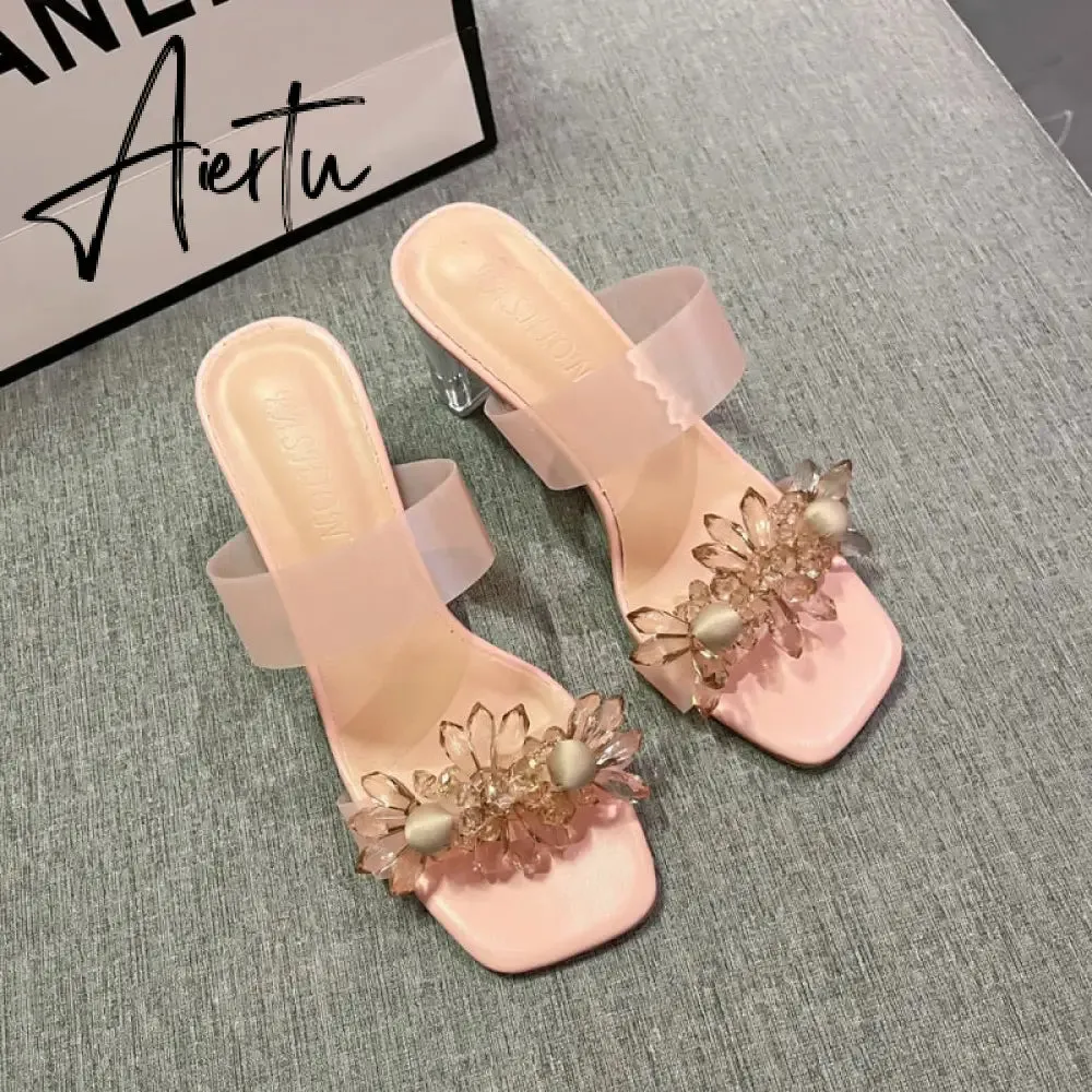 Aiertu New Summer Transparent Slippers Women Fashion Open Toe Crystal Wedges High Heels Female Slides Flower Sandals for Womens