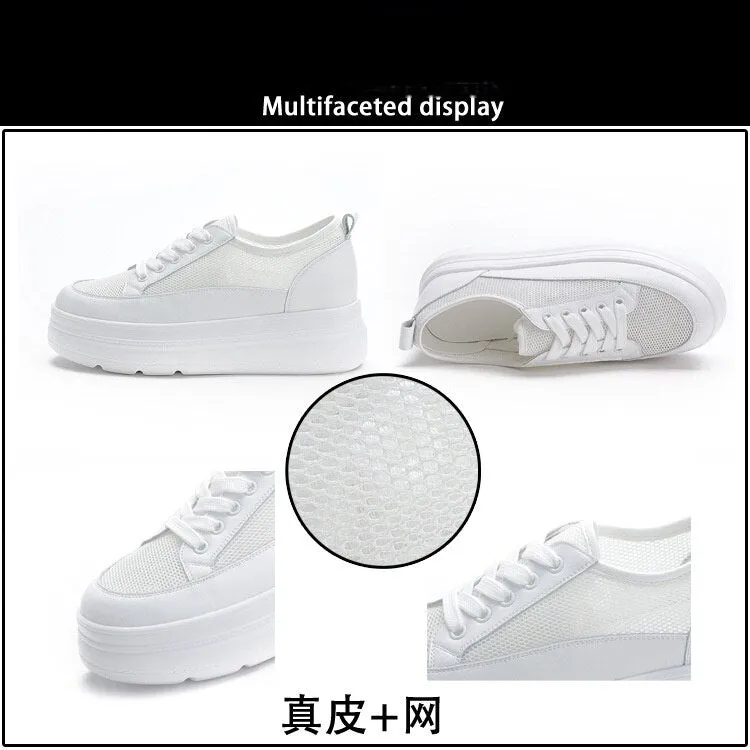 Amozae  6Cm Women Summer Shoes Platform Flats White Genuine Leather Air Mesh Hollow Thick Sole Wedge Heel Zapatos Para Mujer