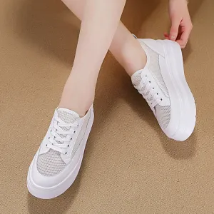 Amozae  6Cm Women Summer Shoes Platform Flats White Genuine Leather Air Mesh Hollow Thick Sole Wedge Heel Zapatos Para Mujer