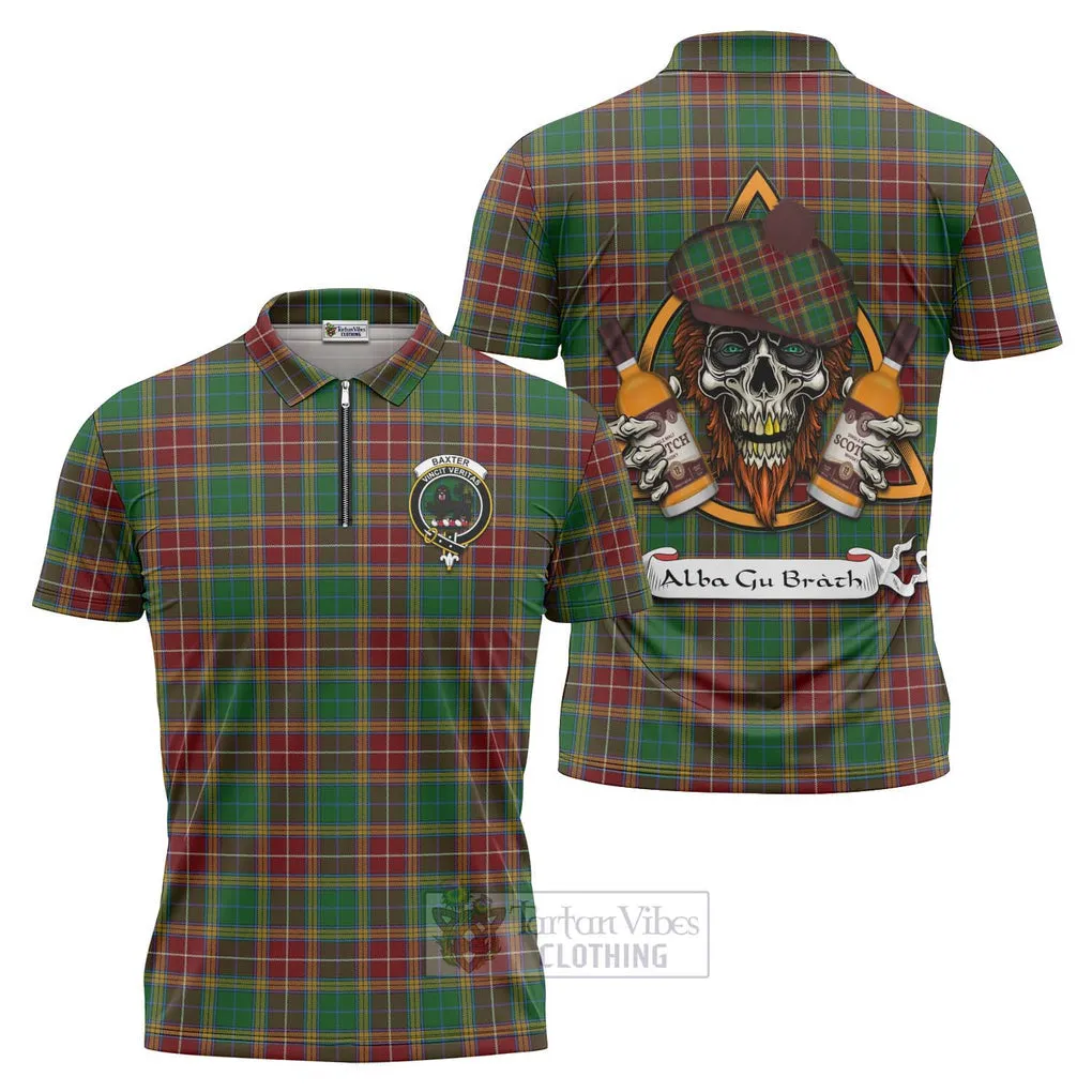 Baxter Tartan Zipper Polo Shirt with Family Crest and Bearded Skull Holding Bottles of Whiskey