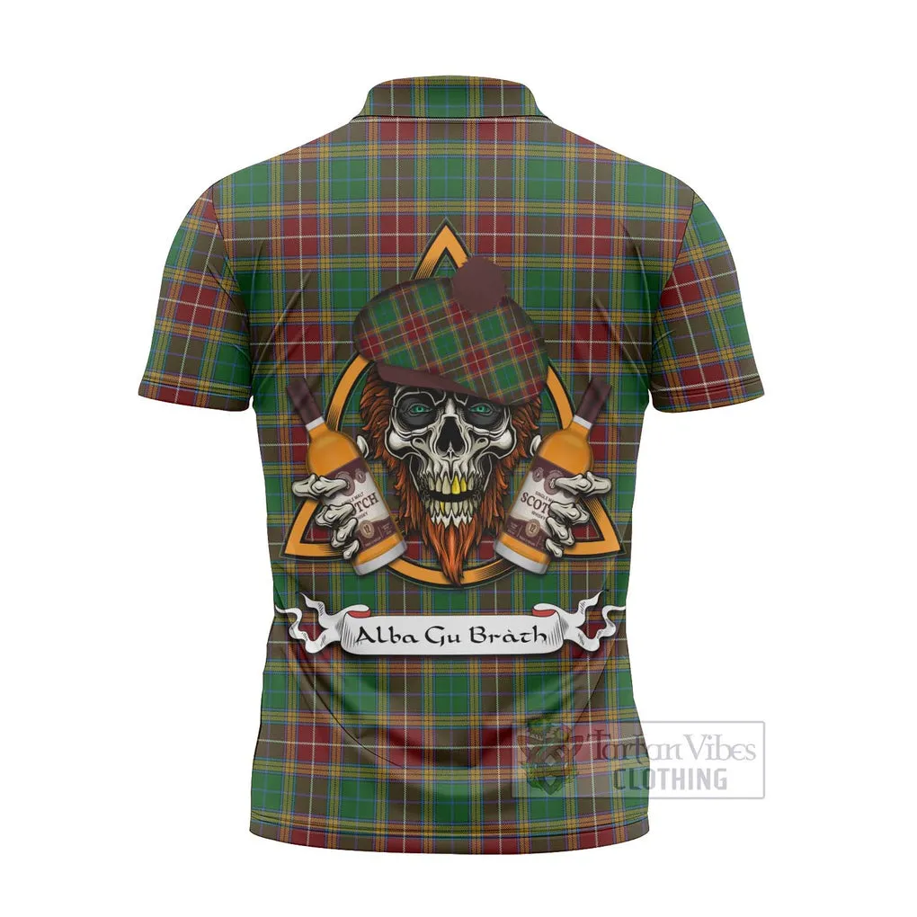 Baxter Tartan Zipper Polo Shirt with Family Crest and Bearded Skull Holding Bottles of Whiskey