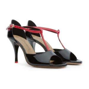 BD Dance TG001 Open Toe Black Patent and Red Leather Tango and Social Dance Shoe with Stiletto Heel