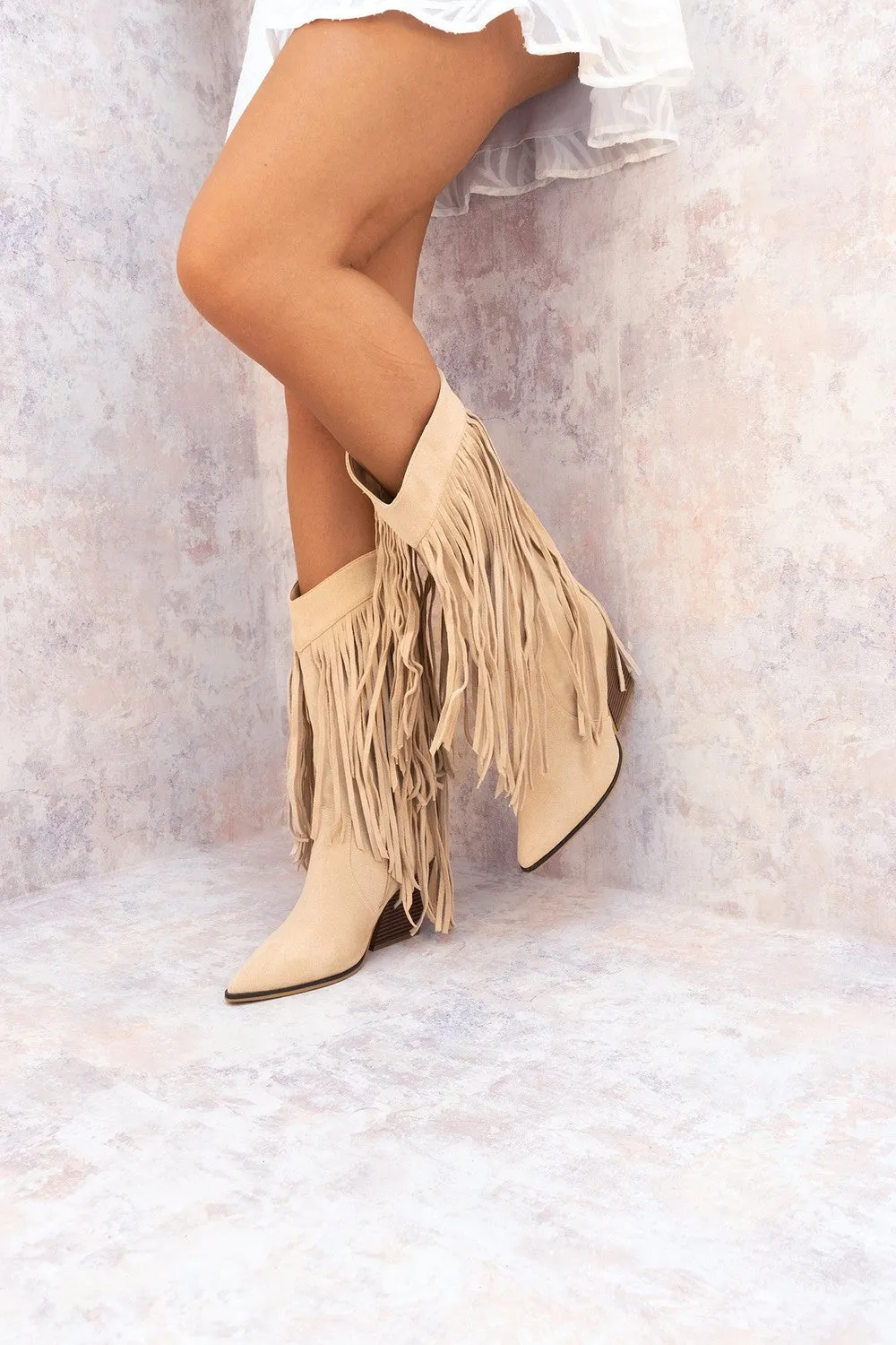 Beige Mid Calf Length Western Faux Suede Fringe Cowboy Boot