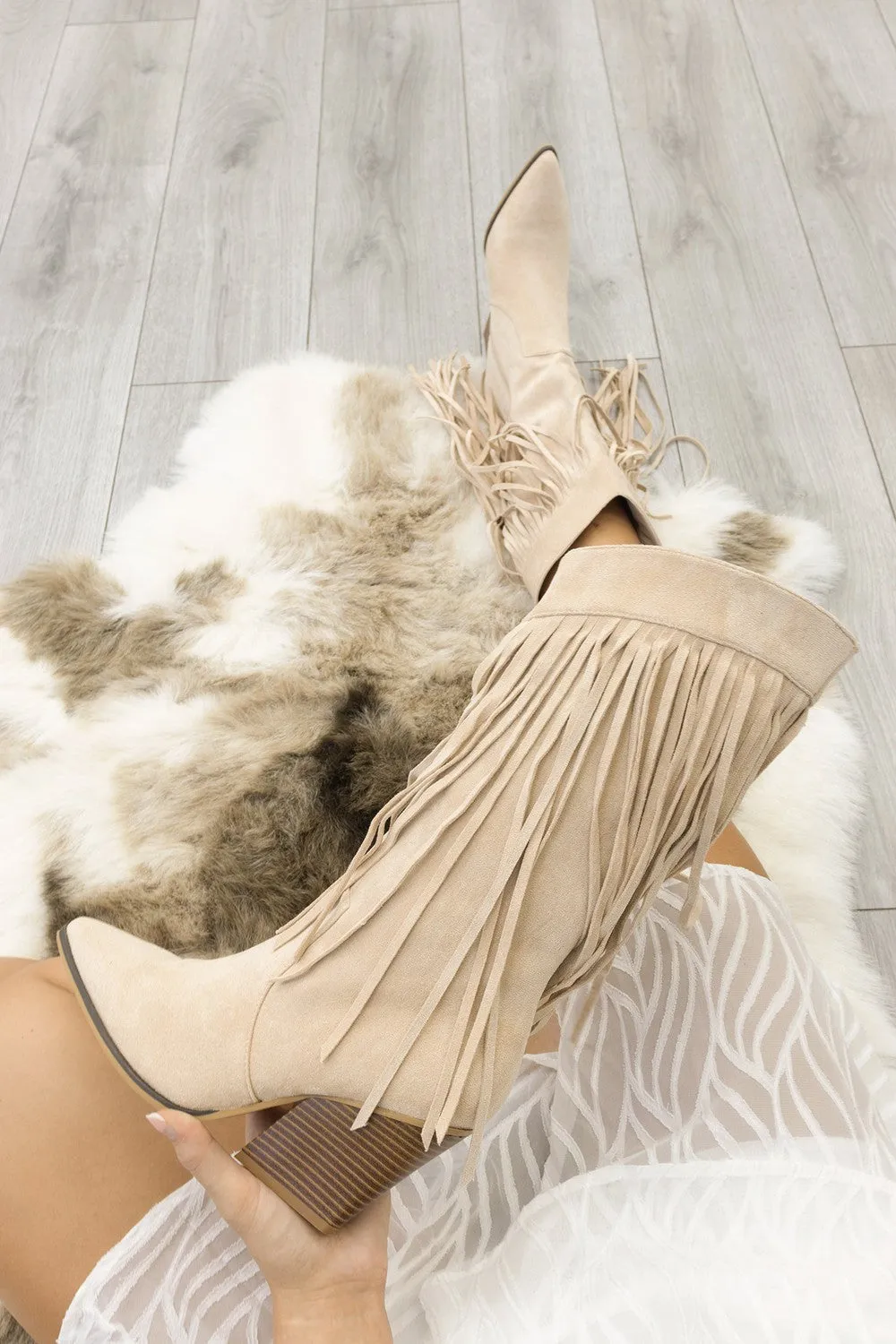 Beige Mid Calf Length Western Faux Suede Fringe Cowboy Boot