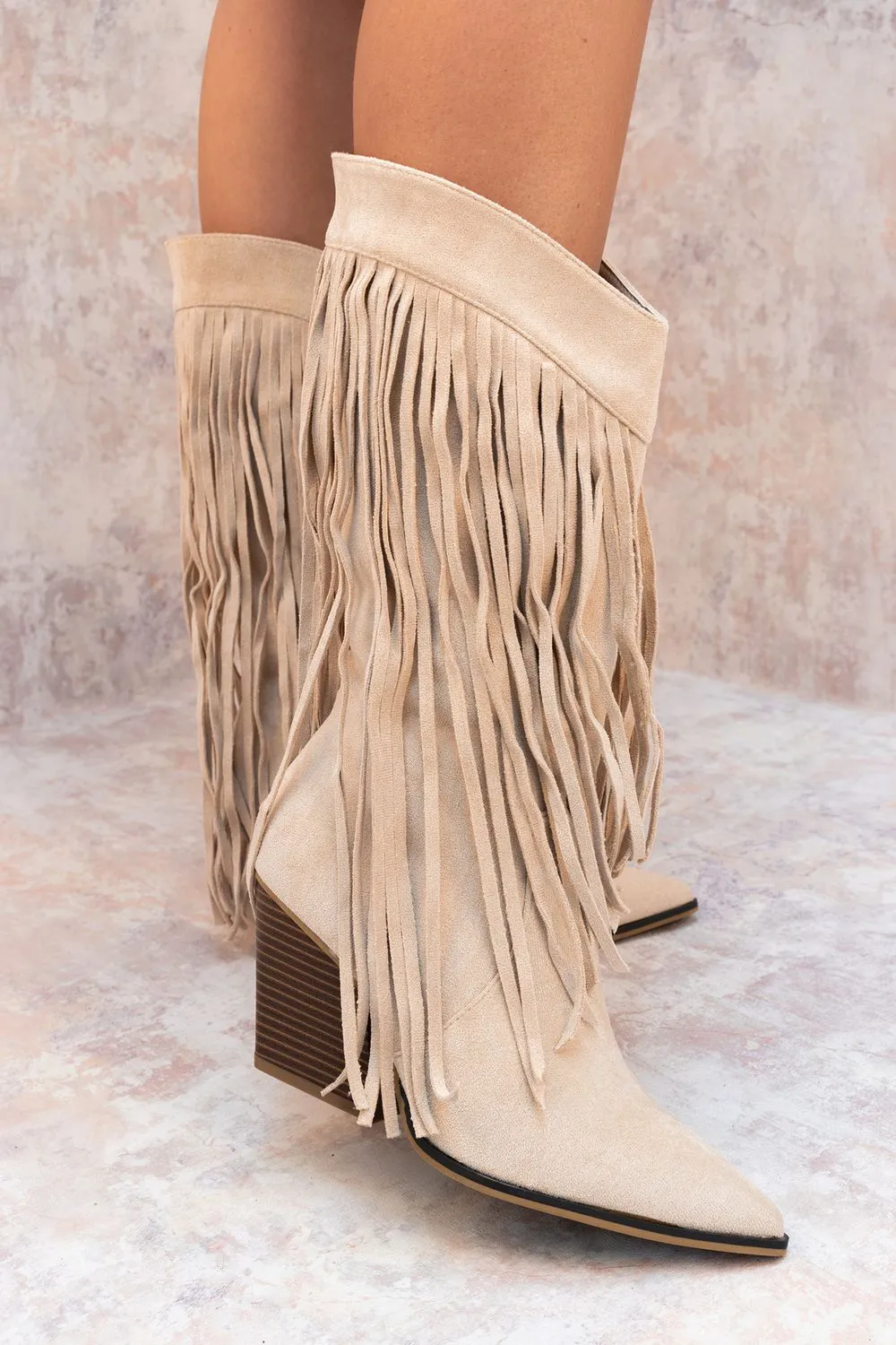 Beige Mid Calf Length Western Faux Suede Fringe Cowboy Boot