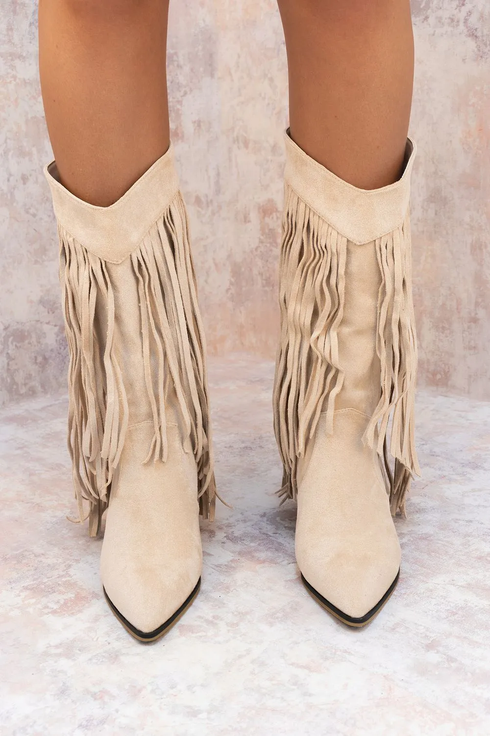 Beige Mid Calf Length Western Faux Suede Fringe Cowboy Boot