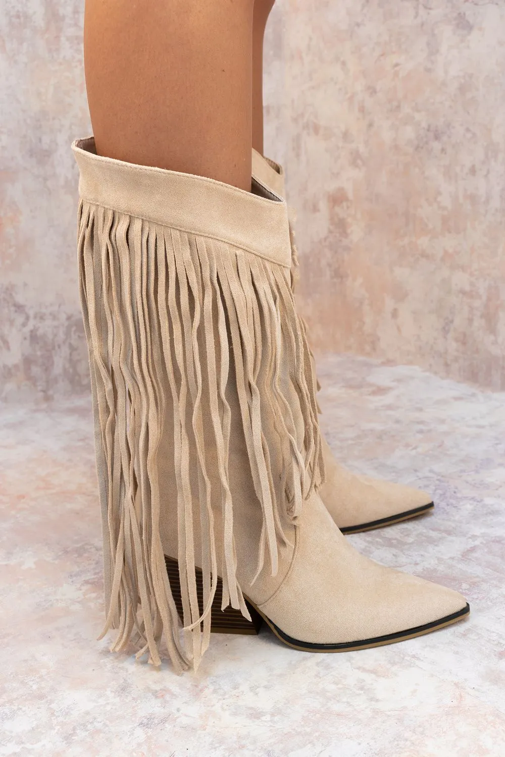 Beige Mid Calf Length Western Faux Suede Fringe Cowboy Boot