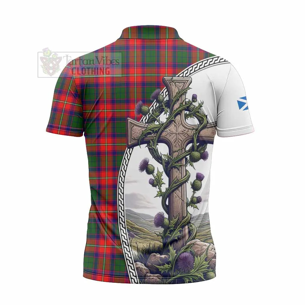 Belshes (Belsches) Tartan Zipper Polo Shirt with Family Crest and St. Andrew's Cross Accented by Thistle Vines