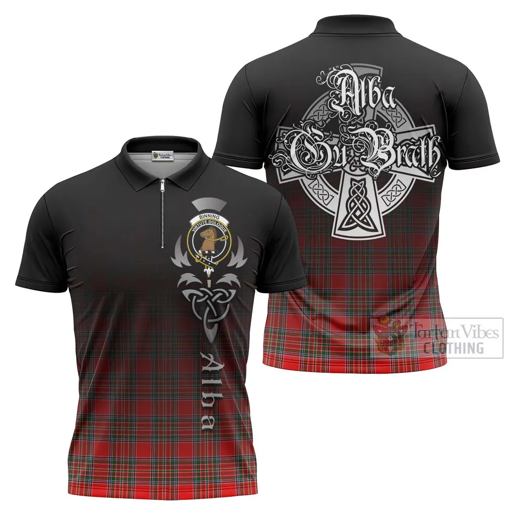 Binning Tartan Zipper Polo Shirt Featuring Alba Gu Brath Family Crest Celtic Inspired