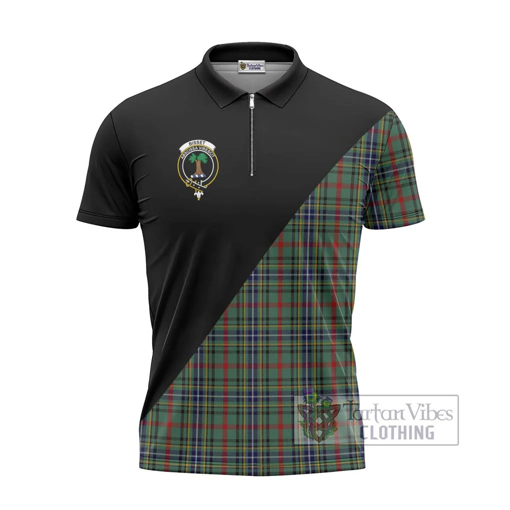 Bisset Tartan Zipper Polo Shirt with Family Crest and Military Logo Style