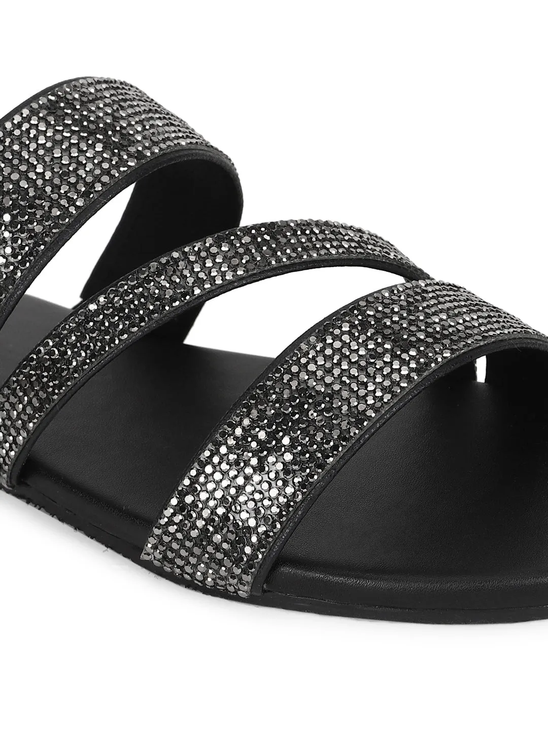 Black PU Strappy Diamante Slip Ons (TC-ST-1214-BLK)