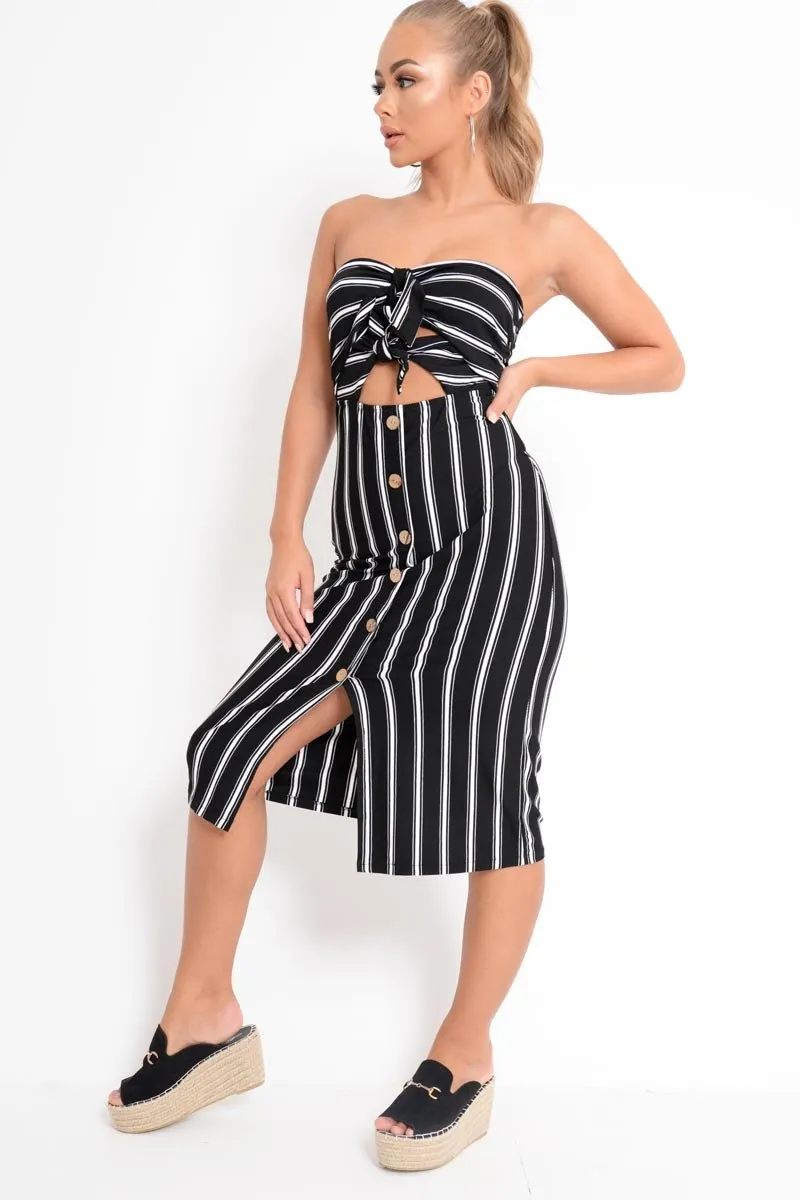 Black White Stripe Bandeau Tie Front Midi Dress - Lodema