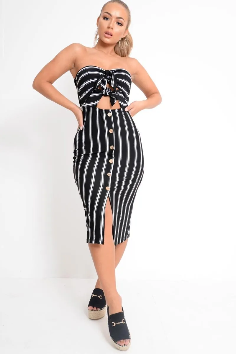 Black White Stripe Bandeau Tie Front Midi Dress - Lodema