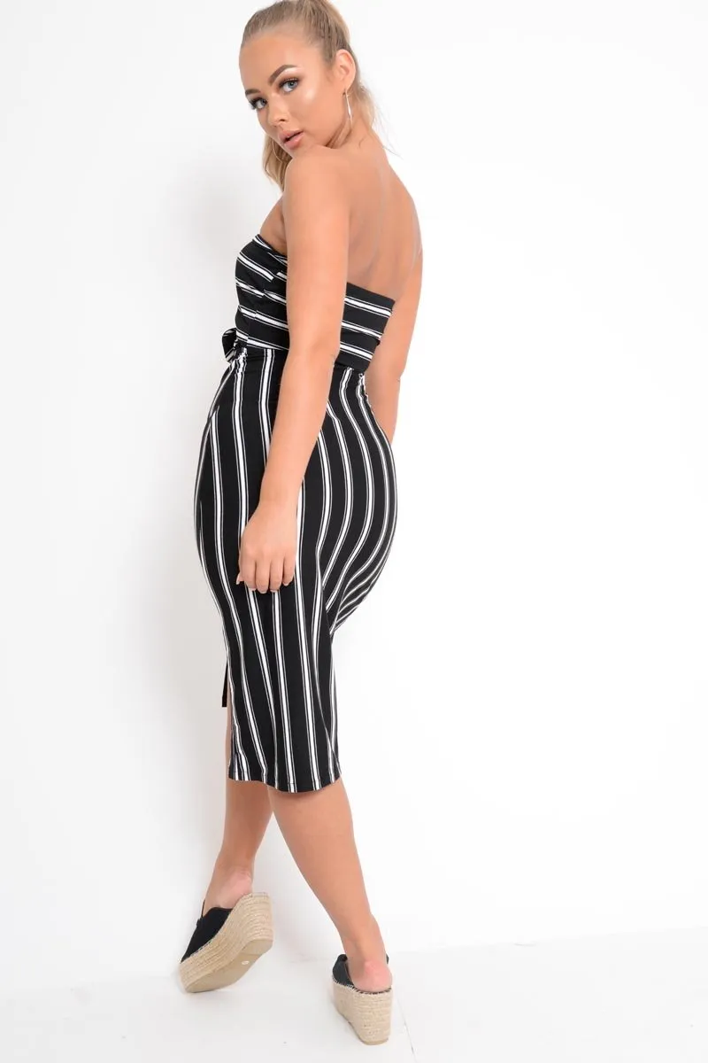 Black White Stripe Bandeau Tie Front Midi Dress - Lodema