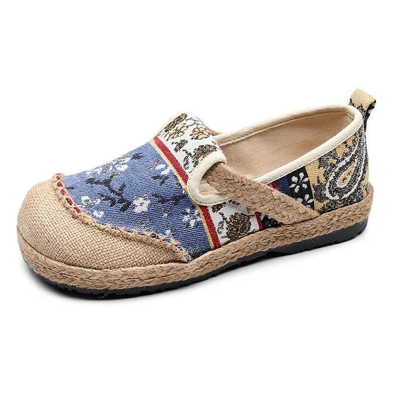 Blue Jacquard Flats Cotton Linen Fabric Unique Splicing Flat Shoes