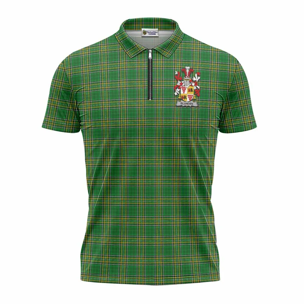 Blunden Irish Clan Tartan Zipper Polo Shirt with Coat of Arms