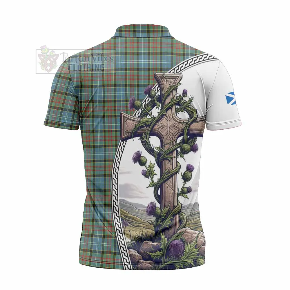 Brisbane Tartan Zipper Polo Shirt with Family Crest and St. Andrew's Cross Accented by Thistle Vines