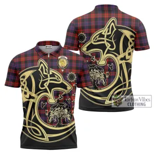 Broun Modern Tartan Zipper Polo Shirt with Family Crest Celtic Wolf Style