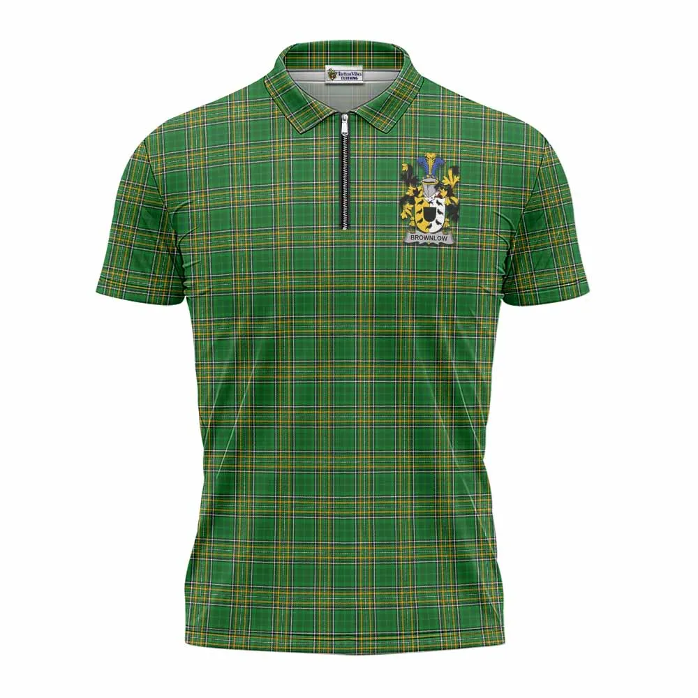 Brownlow Irish Clan Tartan Zipper Polo Shirt with Coat of Arms