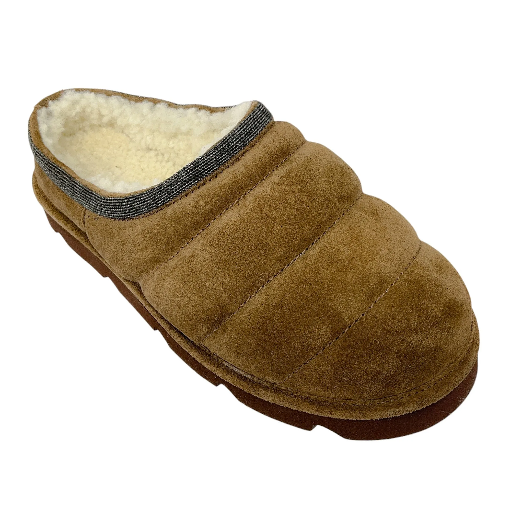 Brunello Cucinelli Brown Monili Bead Embellished Shearling Lined Quilted Suede Slippers