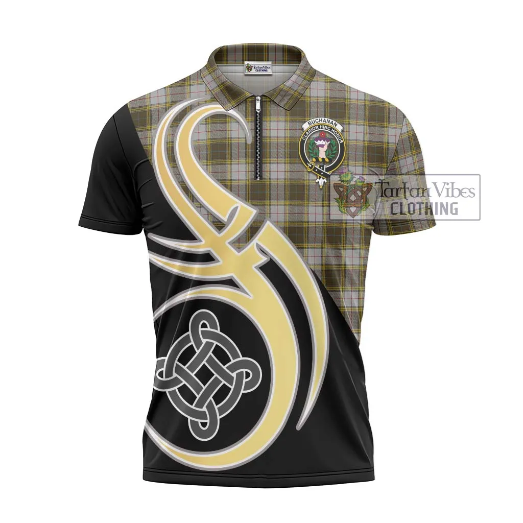 Buchanan Dress Tartan Zipper Polo Shirt with Family Crest and Celtic Symbol Style