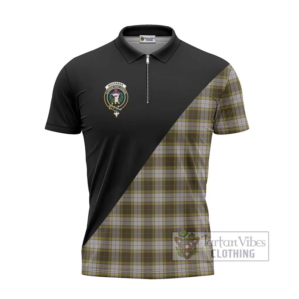 Buchanan Dress Tartan Zipper Polo Shirt with Family Crest and Military Logo Style