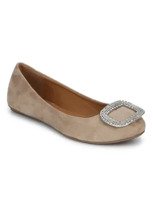 Camel PU Brooch Belly Flats