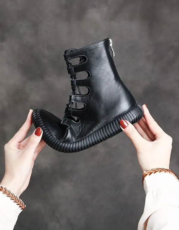 Cut-out Front Lace-up Retro Leather Summer Boots