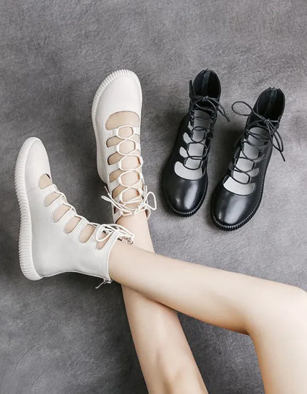 Cut-out Front Lace-up Retro Leather Summer Boots