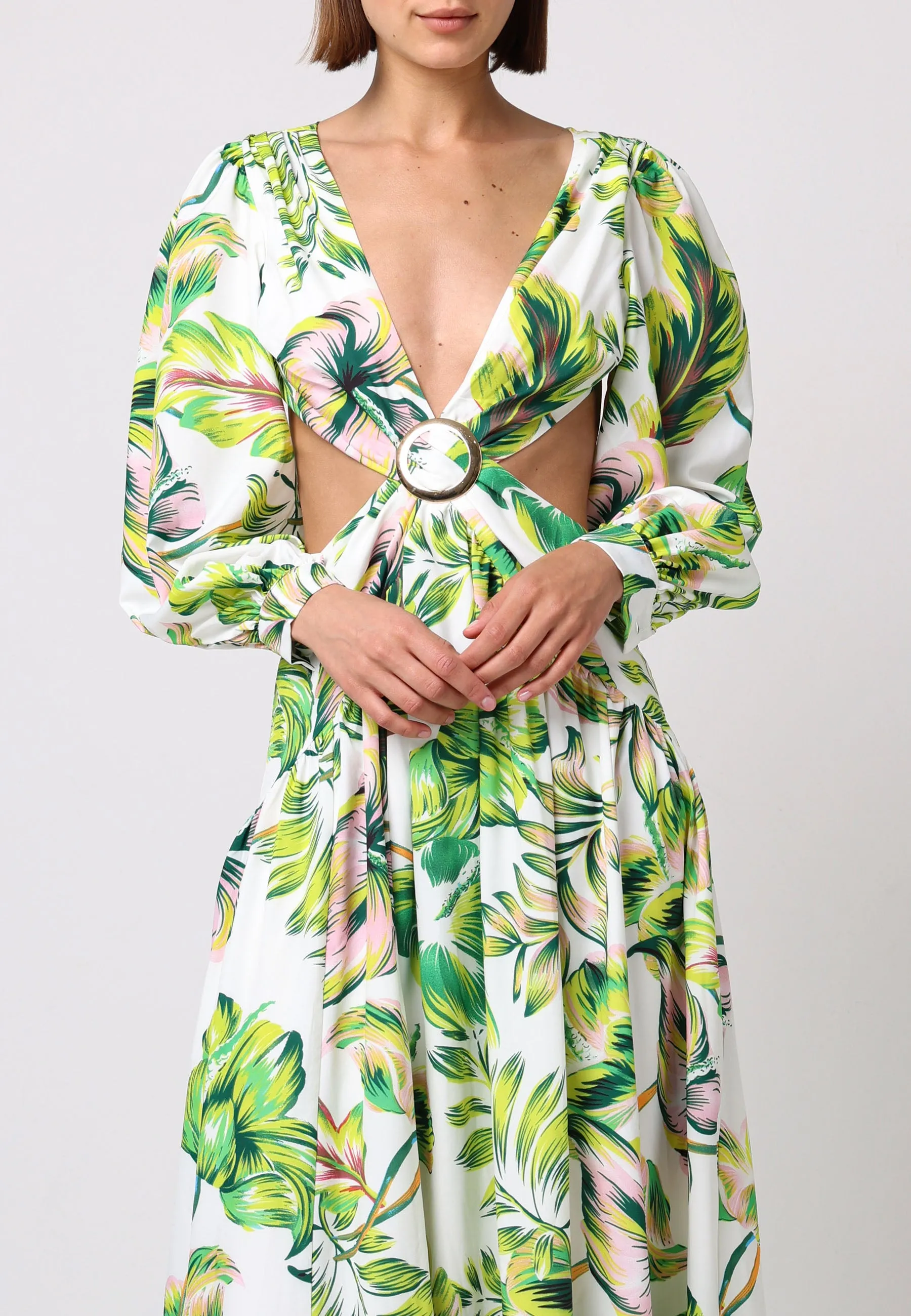 Cut Out Open Back Maxi Dress With Golden Buckle In Tropical Print