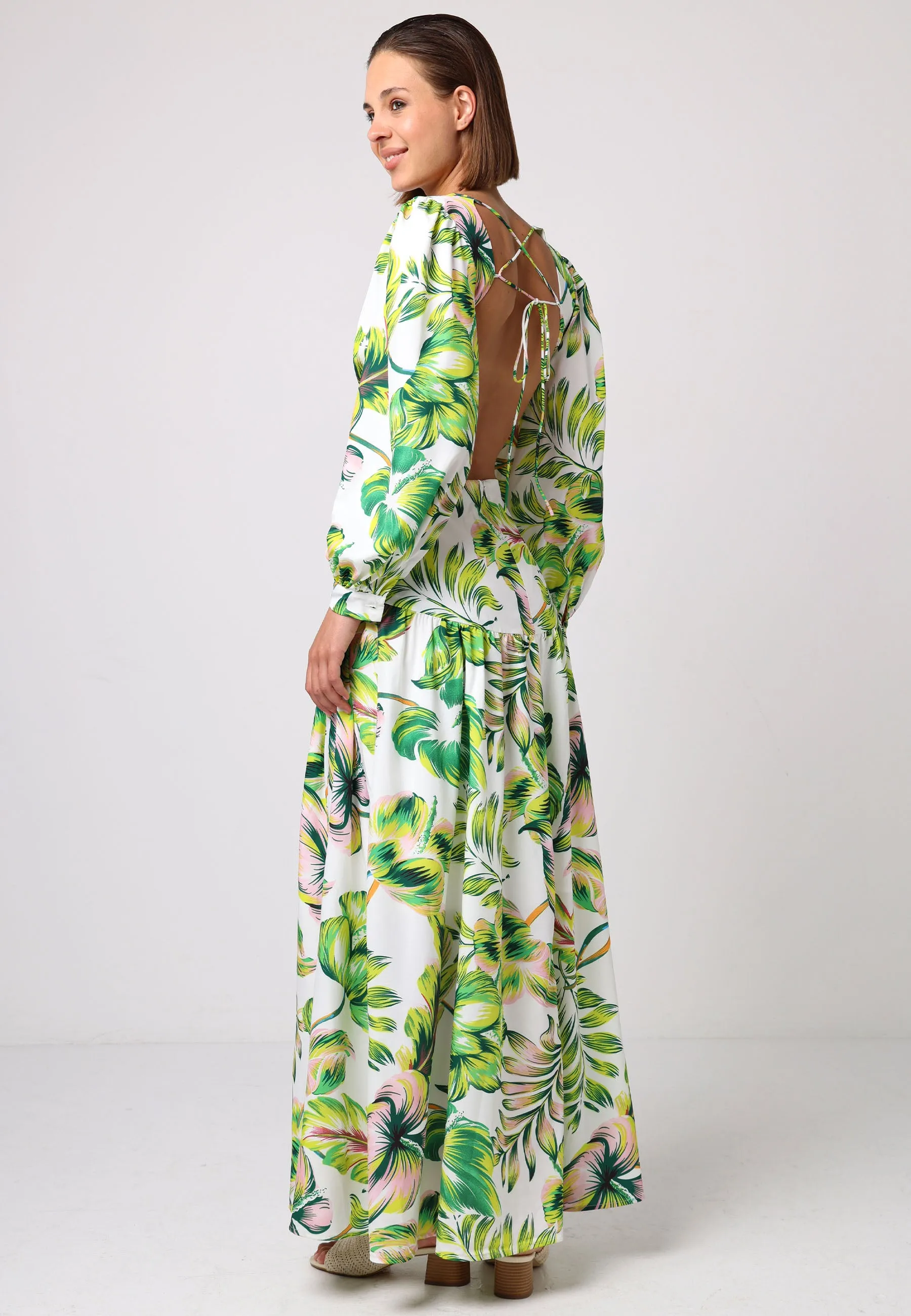 Cut Out Open Back Maxi Dress With Golden Buckle In Tropical Print