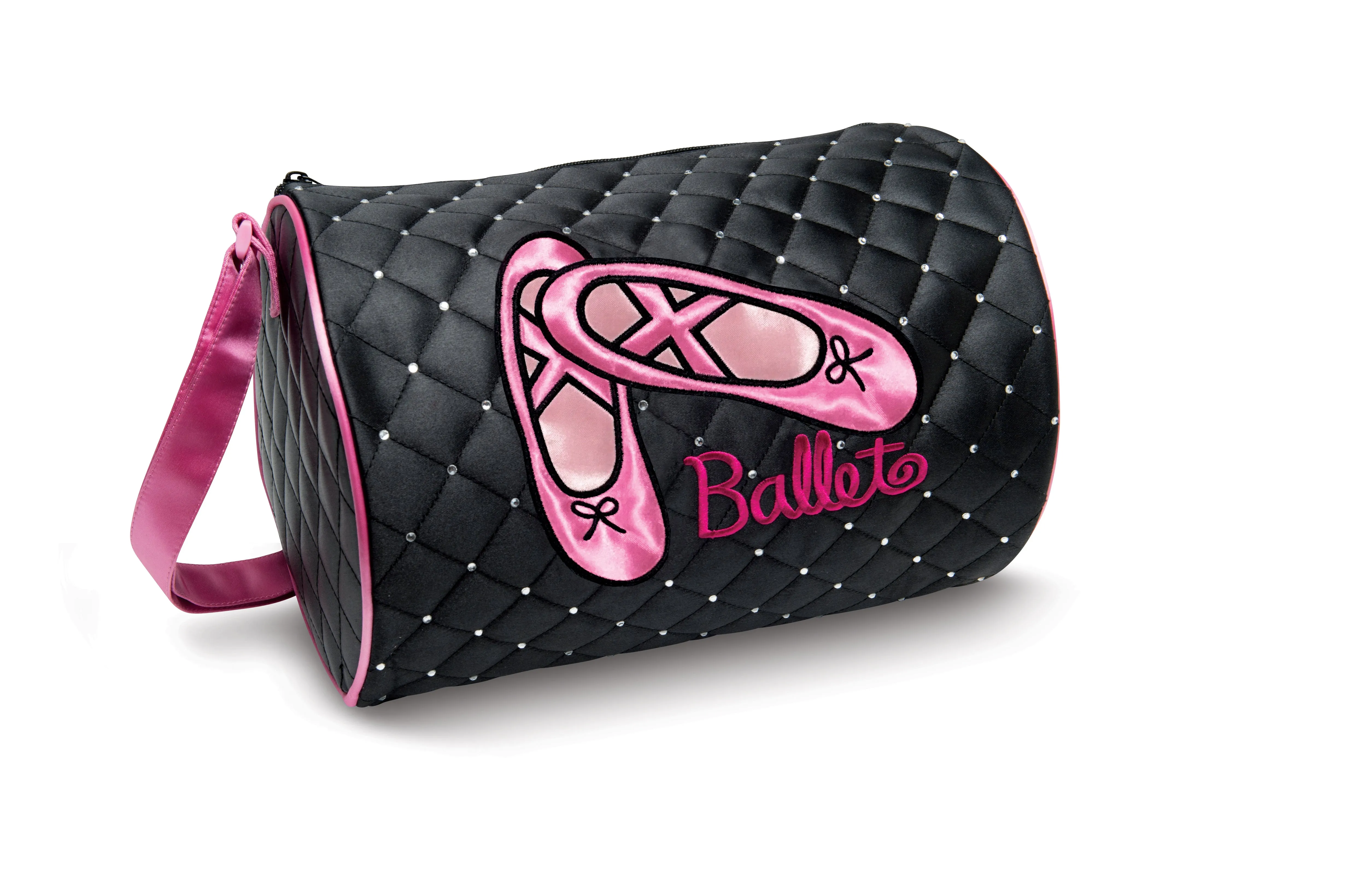 DansBagz by Danshuz Girl's Quilted Rhinestone Ballet Duffel Bag, Black, Hot Pink