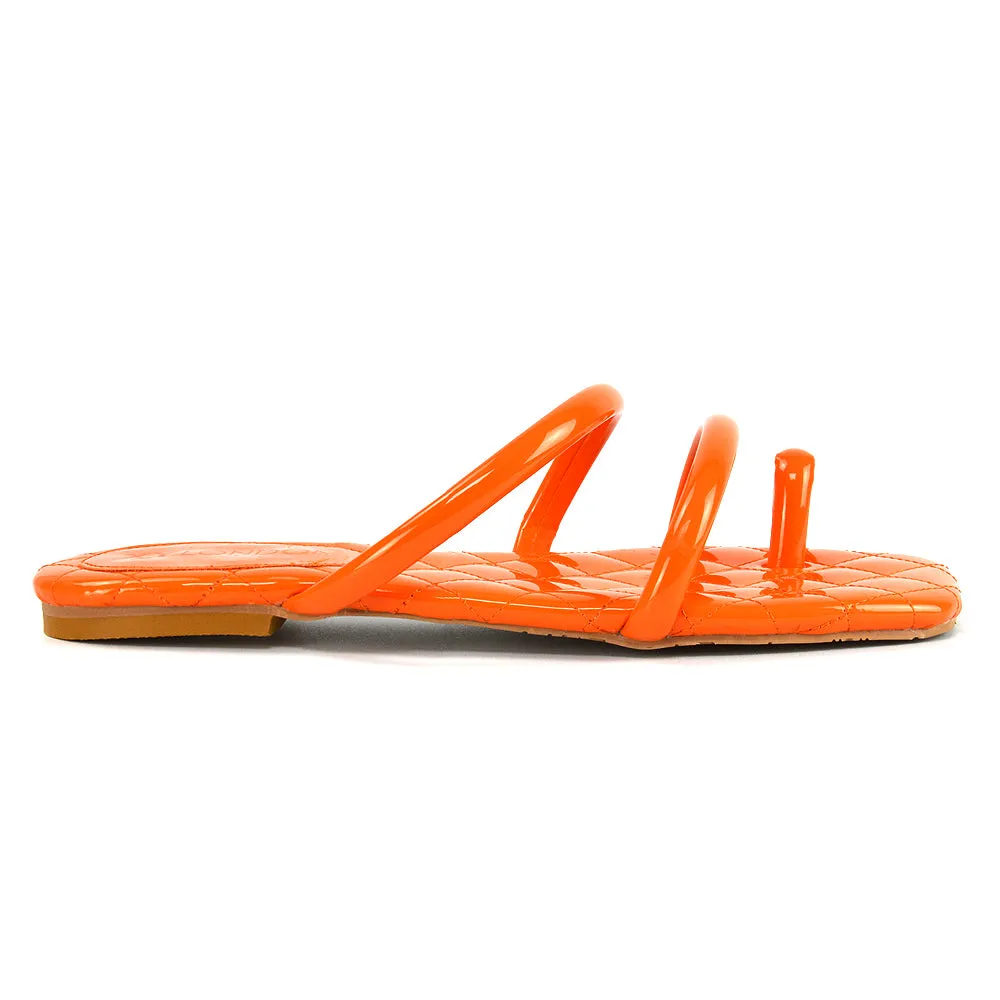 Dionne Quilted Insole Flat Square Toe Slip on Toe Ring Sandal Slides in Orange