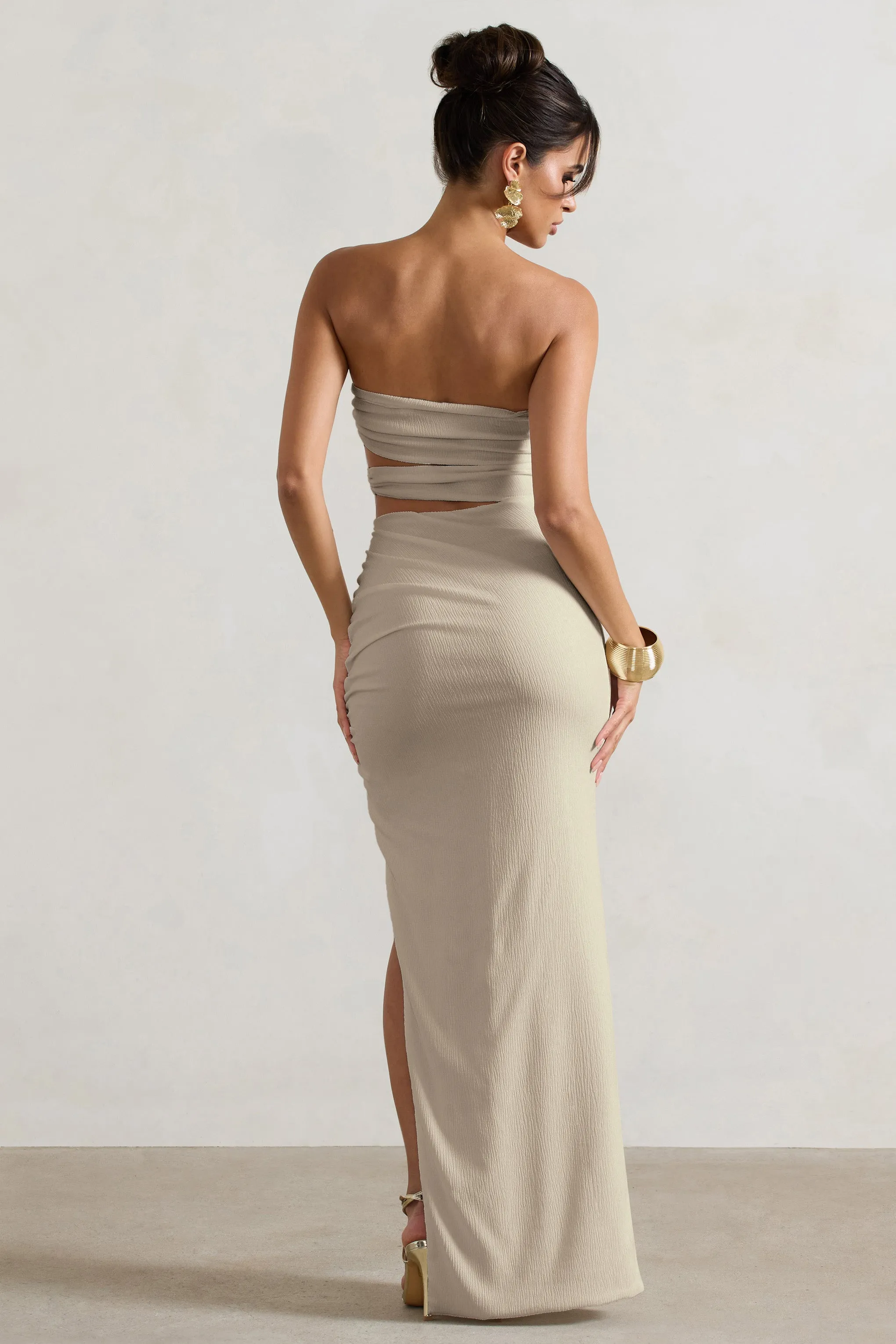 Dominica | Ecru Textured Bandeau Cut-Out Split Maxi Dress