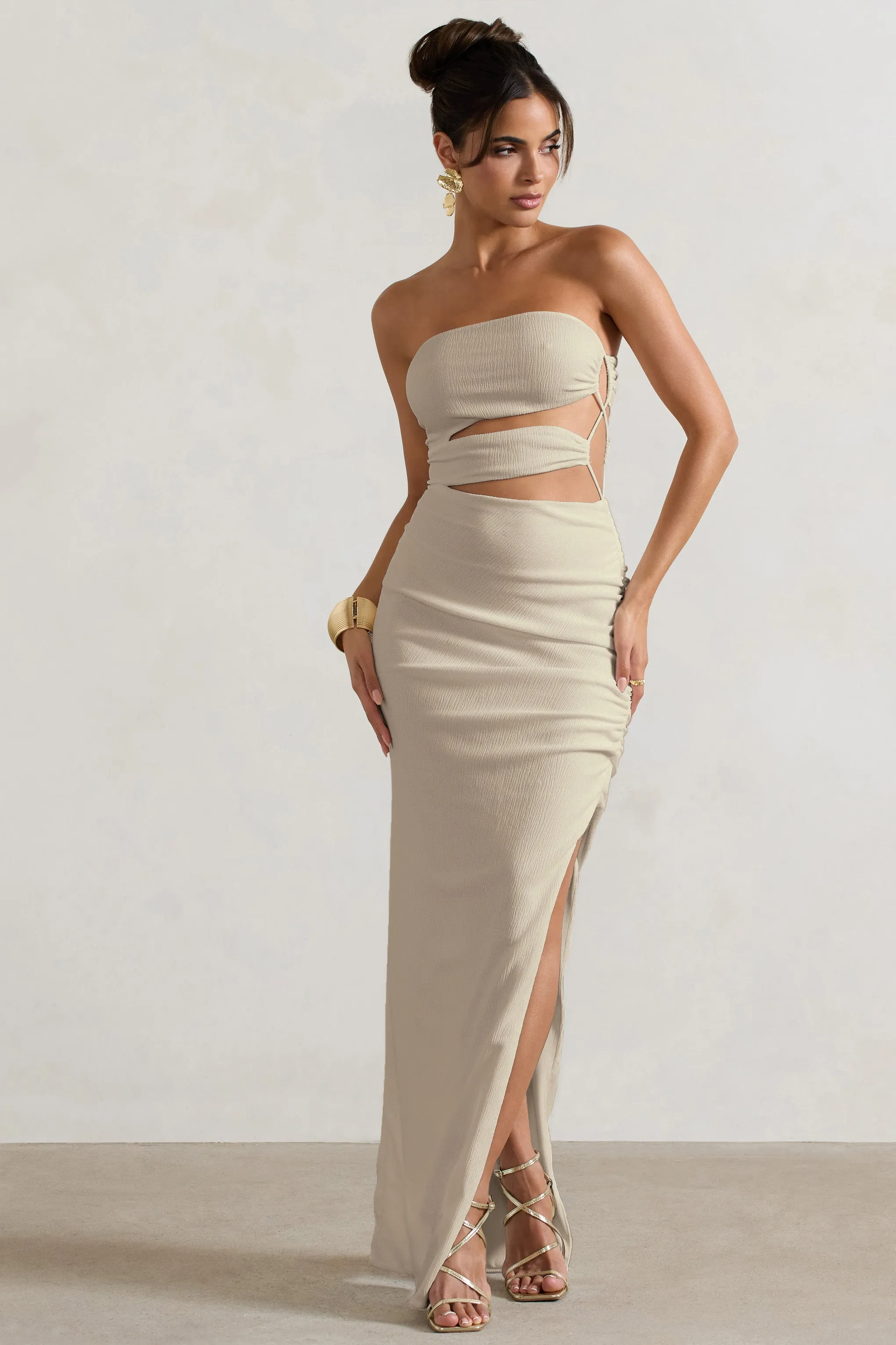 Dominica | Ecru Textured Bandeau Cut-Out Split Maxi Dress