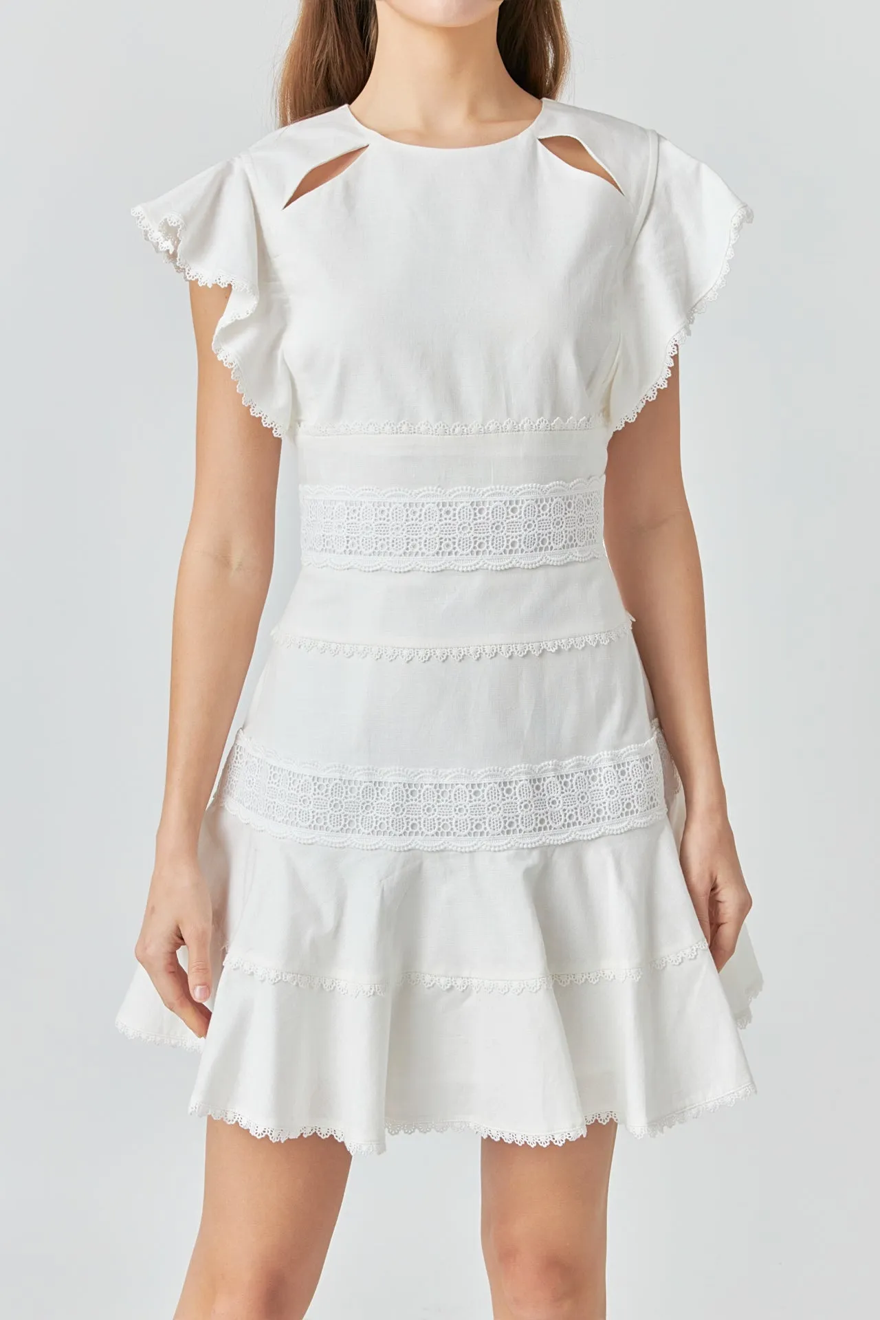 Endless Rose - Lace Trimmed Ruffle Sleeve Dress with Cutout