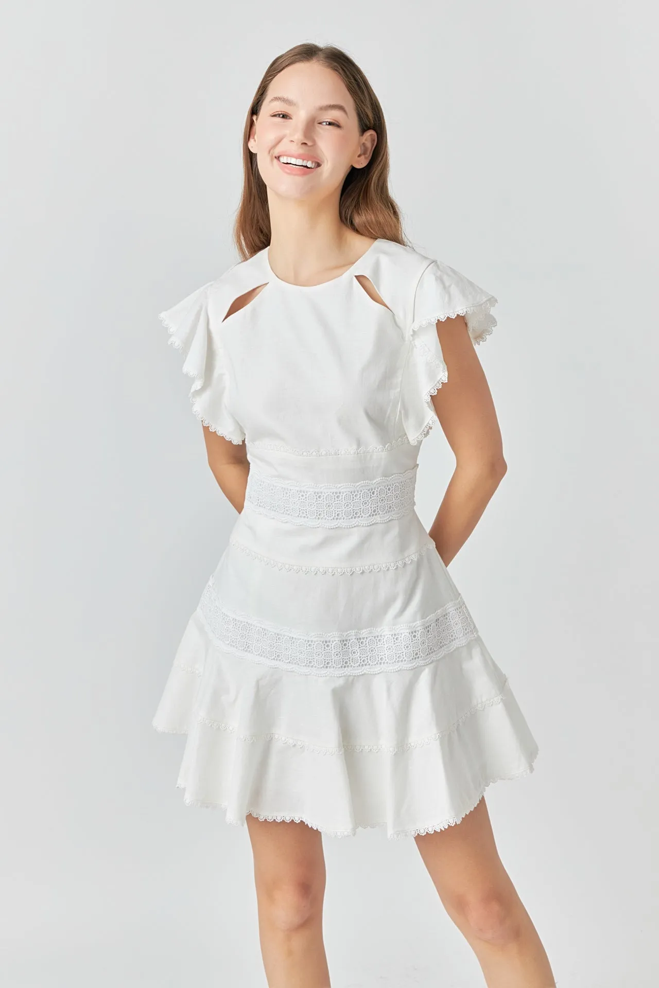 Endless Rose - Lace Trimmed Ruffle Sleeve Dress with Cutout