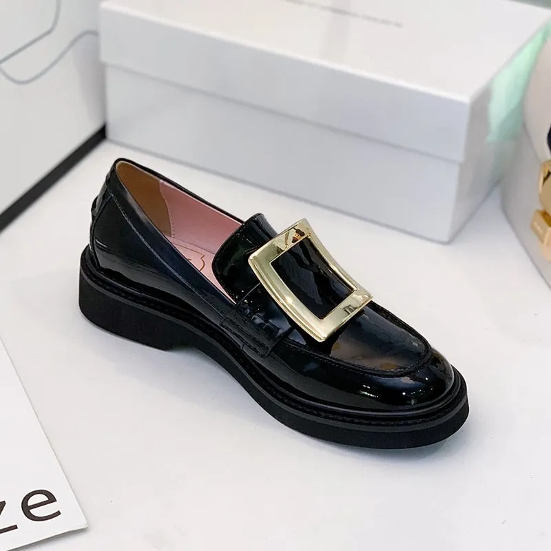 famous brand crystal square buckle flats women japanned leather brogue shoes British oxford creepers derby shoes woman loafers