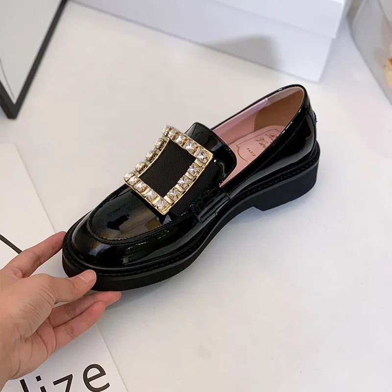 famous brand crystal square buckle flats women japanned leather brogue shoes British oxford creepers derby shoes woman loafers