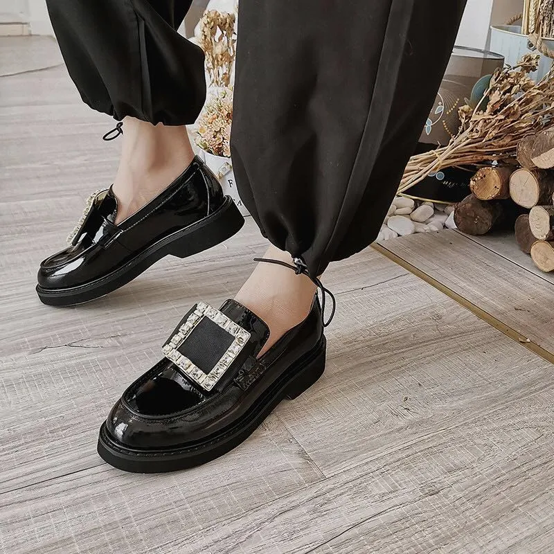 famous brand crystal square buckle flats women japanned leather brogue shoes British oxford creepers derby shoes woman loafers