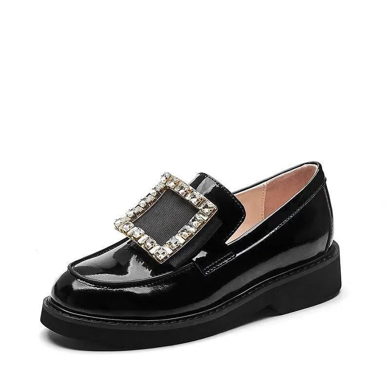 famous brand crystal square buckle flats women japanned leather brogue shoes British oxford creepers derby shoes woman loafers