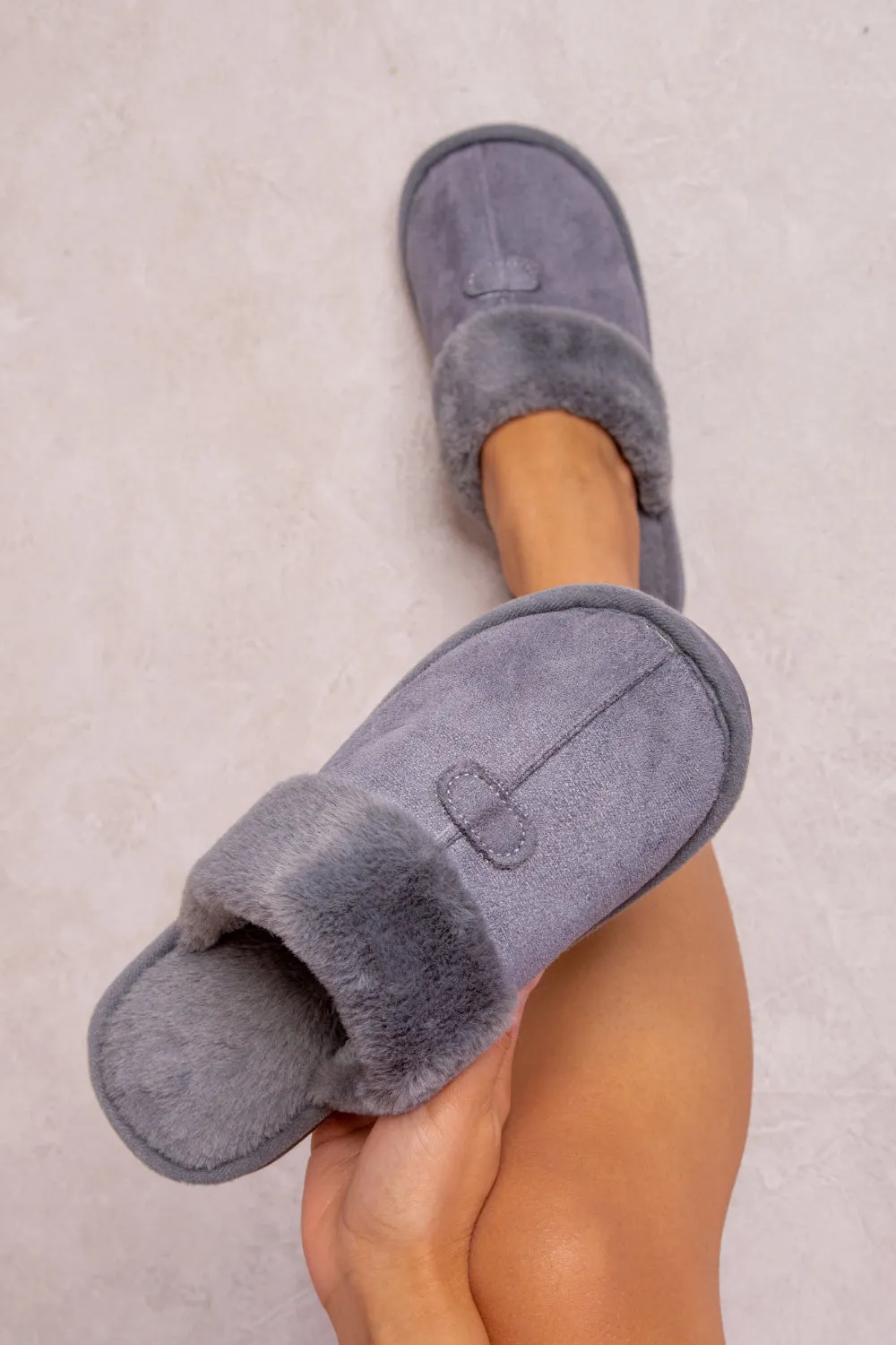 FELICITY SLIP ON TEDDY FAUX FUR LINED SLIPPERS IN GREY SUEDE