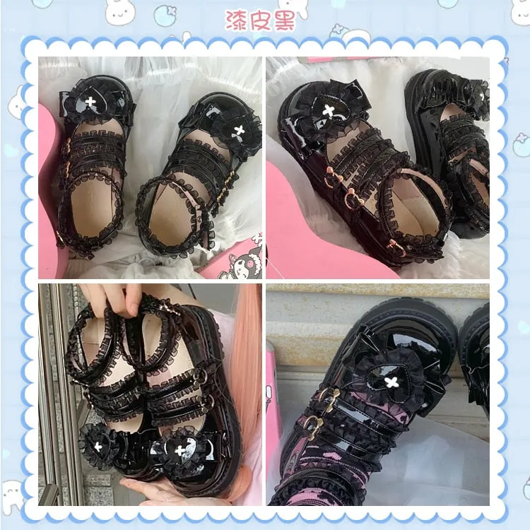 Feminine Sweetheart Devil Lolita Lovely Girl Soft Pu Shoes Women Flats Gothic Punk Cosplay Anime Lace Kawaii Cute Cross Buckle